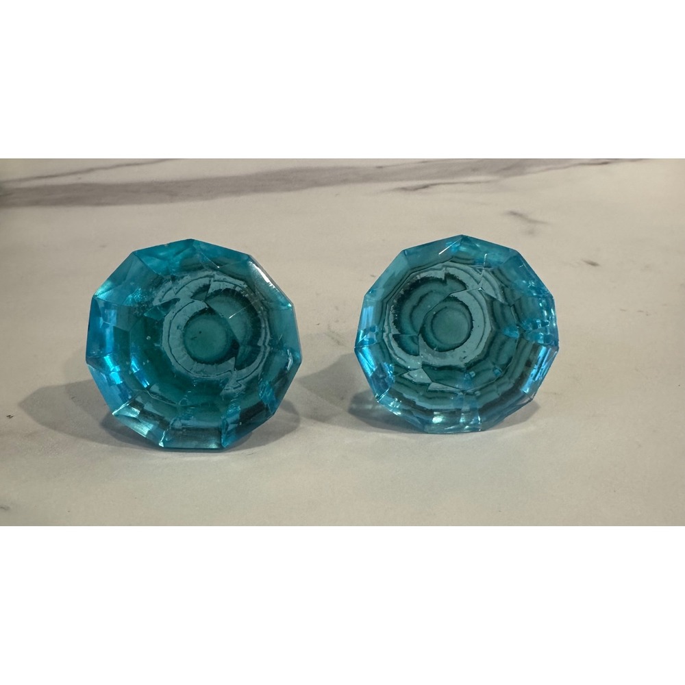 Blue Faceted Glass Drawer Pulls Turquoise Octagon Knobs Set of 2 Brass